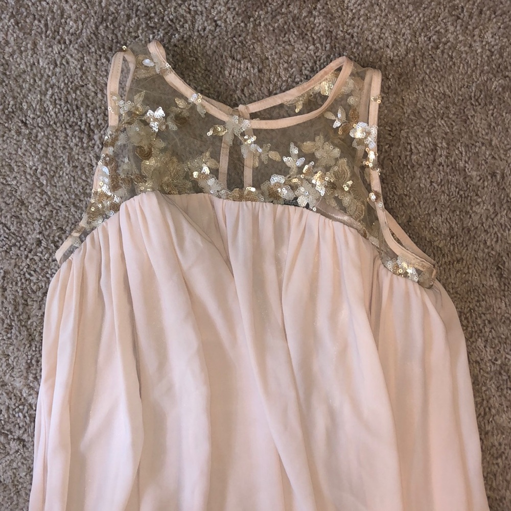 Blush babydoll dress w/ mesh top & gold sequins